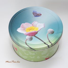   Lepke és mákvirág mintás kerek levehető tetejű fém díszdoboz