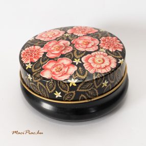   Kerek fémdoboz, kis tégely, levehető tetővel virág mintával 