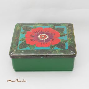   Használt szögletes levehető tetejű virágmintás fémdoboz