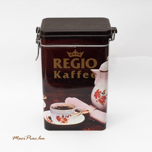 Barna REGIO Kaffee téglalap alakú felhajtható csatos tetejű kávés fém doboz Austria (aroma zárós)