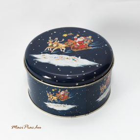   Használt kerek levehető tetejű karácsonyi mintás fémdoboz