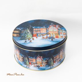   Használt kerek levehető tetejű karácsonyi mintás fémdoboz