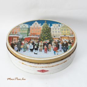   Használt kerek levehető tetejű 1997-es Trumpf karácsonyi mintás csokoládés fémdoboz