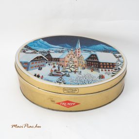  Használt kerek levehető tetejű 2000-es Trumpf karácsonyi mintás csokoládés fémdoboz