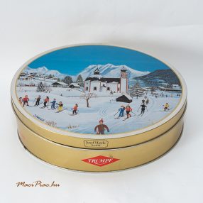   Használt kerek levehető tetejű 2001-es Trumpf karácsonyi mintás csokoládés fémdoboz