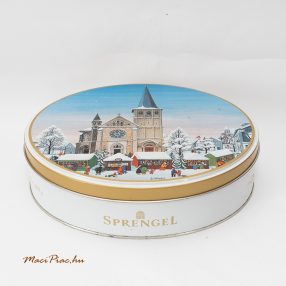   Használt kerek levehető tetejű Sprengel karácsonyi mintás csokoládés fémdoboz