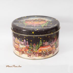 Használt nagy kerek levehető tetejű karácsonyi fémdoboz
