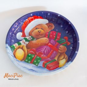   Karácsonyi fém tányér, kerek tálca 26 cm Retro! Maci mikulás sapkában ajándékokkal mintás