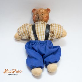   Kerámia fejű vintage maci Austria (sóderrel töltött) barna kockás ingeben kék színű kantáros nadrában