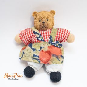   Kerámia fejű vintage maci Austria (sóderrel töltött) piros kockás ingeben szoknyában