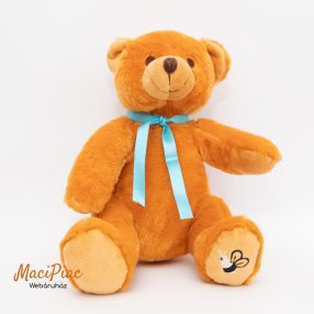   Plüss mézes maci, medve kék selyem szalaggal a nyakában, talpán méhecske hímzés PRIMATIS Teddy Francia