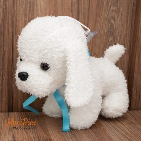   Plüss retro fehér kutya kék selyem szalaggal (akasztós, tapadó koronggal)