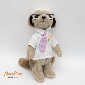   Plüss szurikáta csíkos nyakkendőben, szemüvegben, azonosító kártyával a köpenyén OFFICIALS PRODUCT OF MEERKOVO