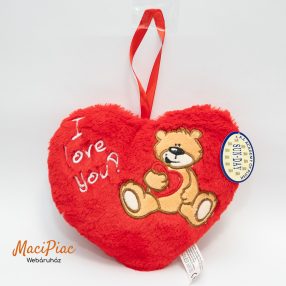   Plüss szív Valentin napi ajándék tárgy maci mintás, hímzett I LOVE YOU felírattal, akasztható SUN-Day márkás Új!