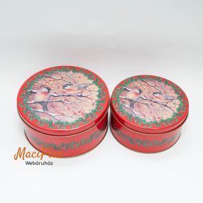   Karácsonyi madár mintás levehető tetejű kerek fém díszdoboz 2 db