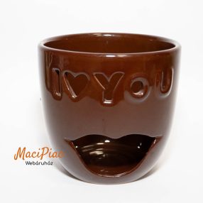   Kaspó alakú Német porcelán barna színű gyertyatartó, mécsestartó I LOVE YOU mintával szerelmeseknek