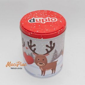   Karácsonyi szarvas mintás henger alakú matt felületű levehető tetejű fém doboz duplo Dose Rentier Ferrero mogyorós csokoládés díszdoboz