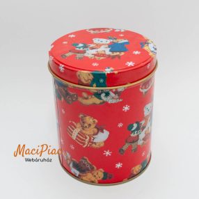   Piros levehető tetejű lapos henger alakú fém doboz, maci mintás téli, karácsonyi hangulat Ausztria