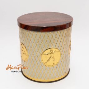   Piros levehető tetejű lapos henger alakú régi fém doboz, dombor mintás Olimpia