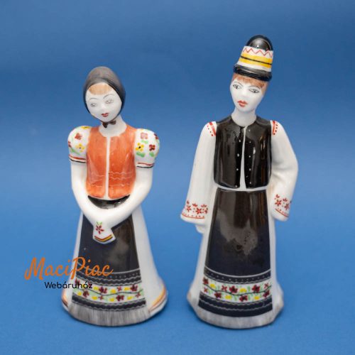 Régi Hollóházi porcelán népviseletes fiú, lány retro népi figura 2 db  (jelzett, eredeti darab, kézzel festett)