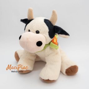   Plüss ülő élethű foltos boci, tehén ölelnivaló, zöld kendővel a nyakában rajta virág Althans club