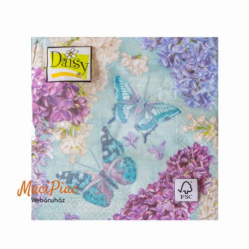 Lila és tömött fehér orgona virág mintás szalvéta lepkékkel Daisy új! 3 rétegű 33x33 cm 20 db