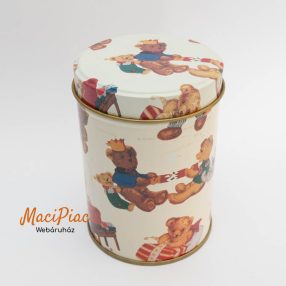   Levehető tetejű lapos henger alakú maci mintás fém doboz