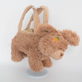   Élethű barna nyuszi, nyúl alakú táska (kézben, karon hordható) Fizzy Francia halántékára sárgarépát hímzetek