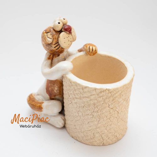 Henger alakú kézműves kreatív mázas kerámia fogpiszkáló tartó cicával