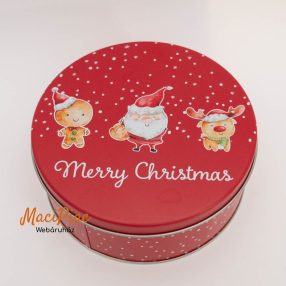   Kerek fém doboz, levehető tetővel Karácsonyi figurákkal mézi, mikulás és szarvas Merry Christmas felírattal a tetején
