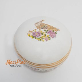   Kerek porcelán levehető tetejű Gold Trim White páva mintás ékszertartó, bombonier 24 krt arany bevonattal NEOFITOU Görögország 1977