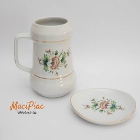   Szegfű virág mintás hollóházi porcelán korsó, sörös korsó, gyűrűtartó tálka 2 db szett
