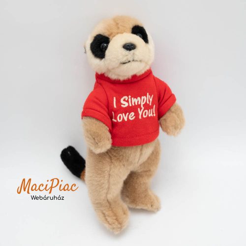 Plüss szurikáta Keel Toys piros pólóban I Simply Love You! felírattal