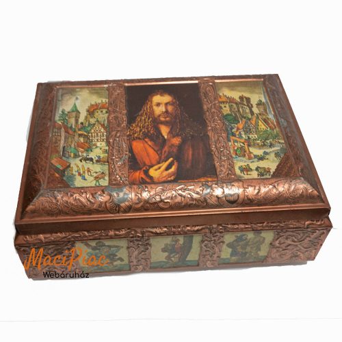 Felnyitható tetejű vintage fém doboz Large gingerbread tin from Schmidt Lebkuchen Nuremberg Albrecht Dürer 1971