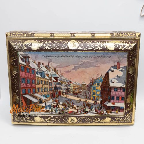 Felnyitható tetejű vintage fém doboz Large gingerbread tin from Schmidt Lebkuchen Nuremberg Albrecht Dürer 1971 