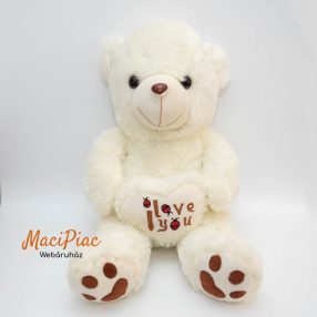   Törtfehér nagyobb méretű plüss maci, mackó Szívvel, katicabogár hímzéssel I LOVE YOU felírattal