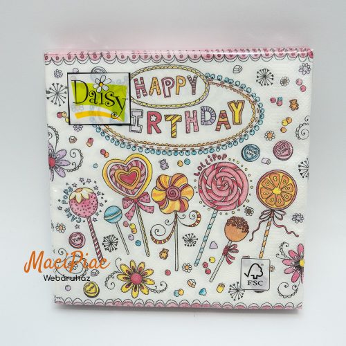 HAPPY BIRTDAY nyalóka cukorka mintás szalvéta lepkékkel Daisy új! 3 rétegű 33x33 cm 20 db