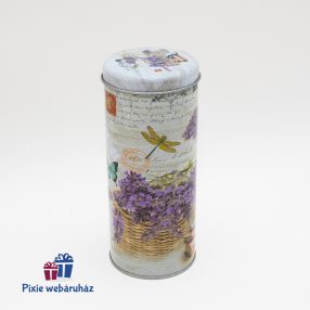   Levendula mintás hengeres levehető tetejű konyhai fém doboz