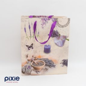   Ajándék papírtáska Levendula mintás, 2 oldalas, álló 26x32x10 cm KÖZEPES méretű