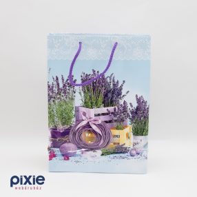   Ajándék papírtáska levendula mintás, 2 oldalas, álló 23x32x11 cm KÖZEPES méretű