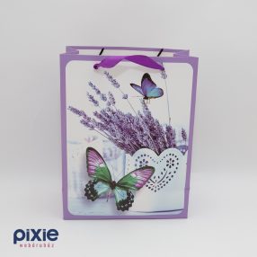   Ajándék papírtáska levendula és lepke mintás, 2 oldalas, álló 21x18x9 cm Kisebb méretű