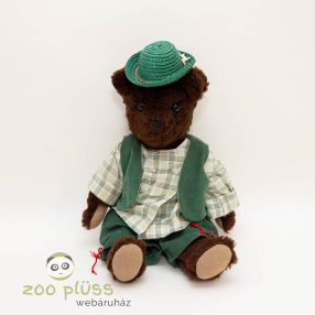   Plüss maci, mackó zöld kordbársony mellényben, nadrágban, kockás ingben Régi Teddy!