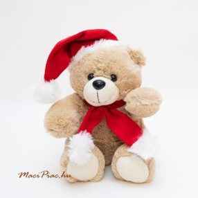   Plüss puha maci, mackó Mikulásnak öltözve BESTTOY Kezét megnyomva Karácsonyi dalt énekel és arca világít, villog