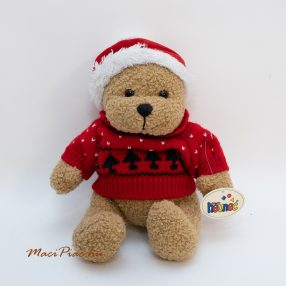  Plüss maci, mackó Mikulás sapkával, kötött bulóverben Heunec
