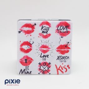   Sminktükör kihajtható két oldalas, Kiss me, Love felíratos, rúzsnyom mintás műbőr borítású Új!